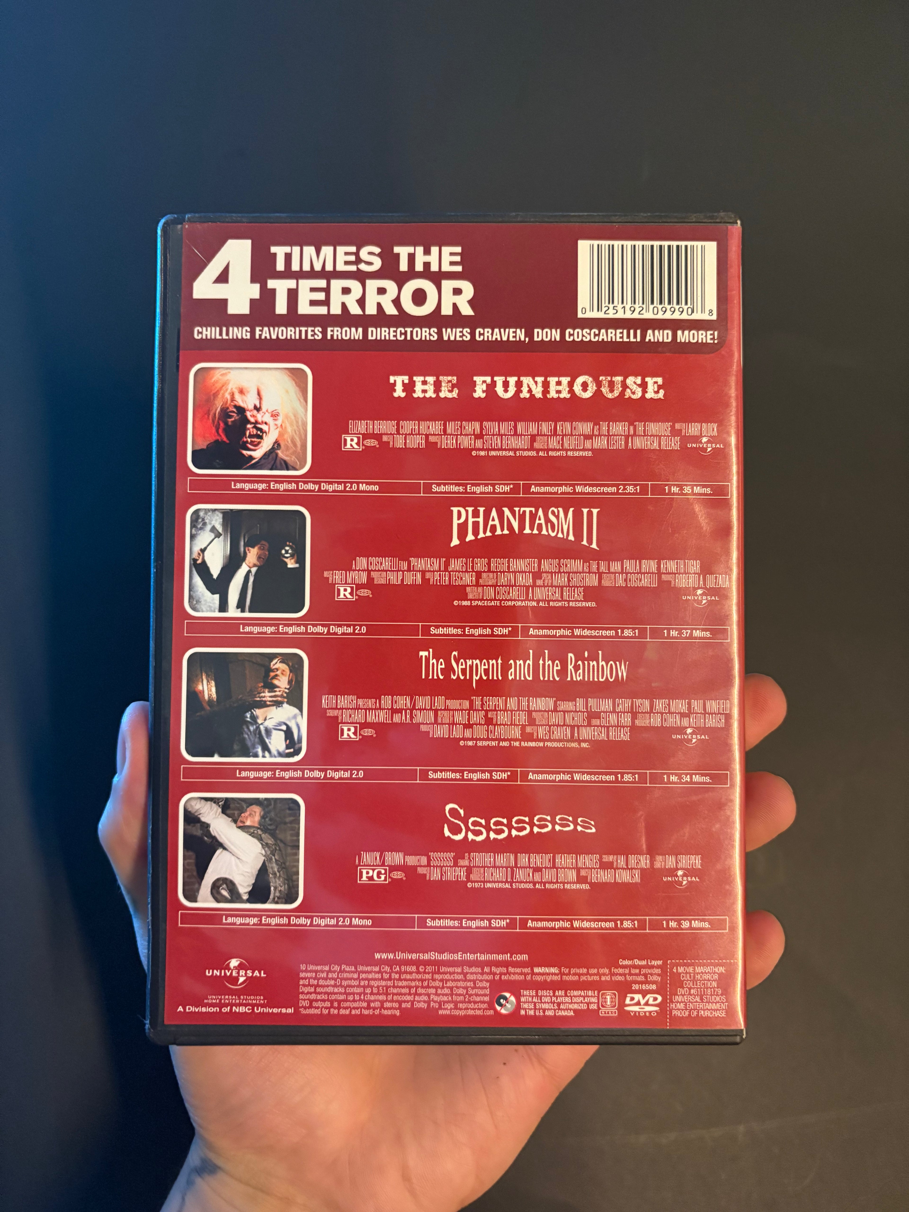 4 Movie Marathon: Cult Horror Collection DVD: The Funhouse (1981) / Phantasm II (1988) / The Serpent and the Rainbow (1987) / Sssssss (1973)