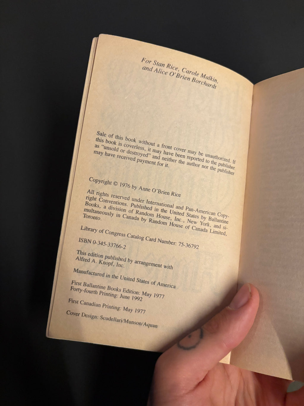 Interview with the Vampire © 1976 (1992 Printing) by Anne Rice
